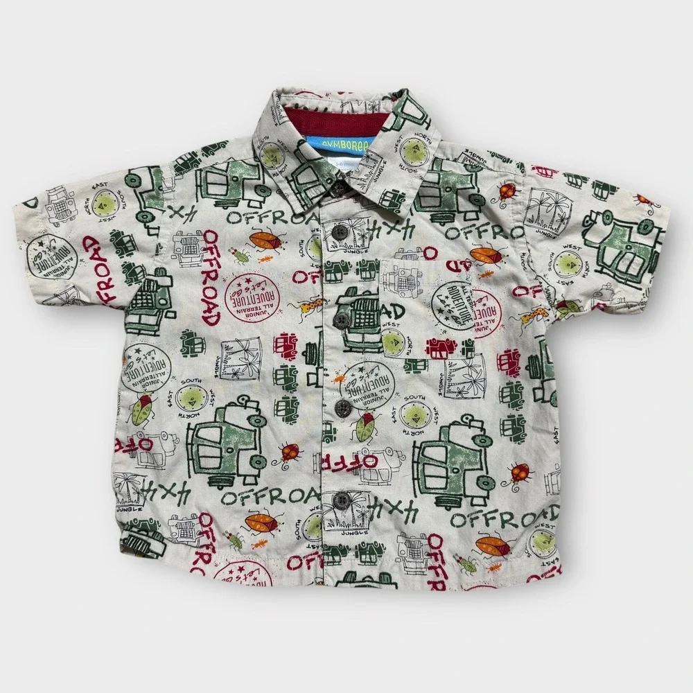 VTG Gymboree Boy's Button-Up Shirt, 3-6 Months, Off Road Adventure Print, Cute‎